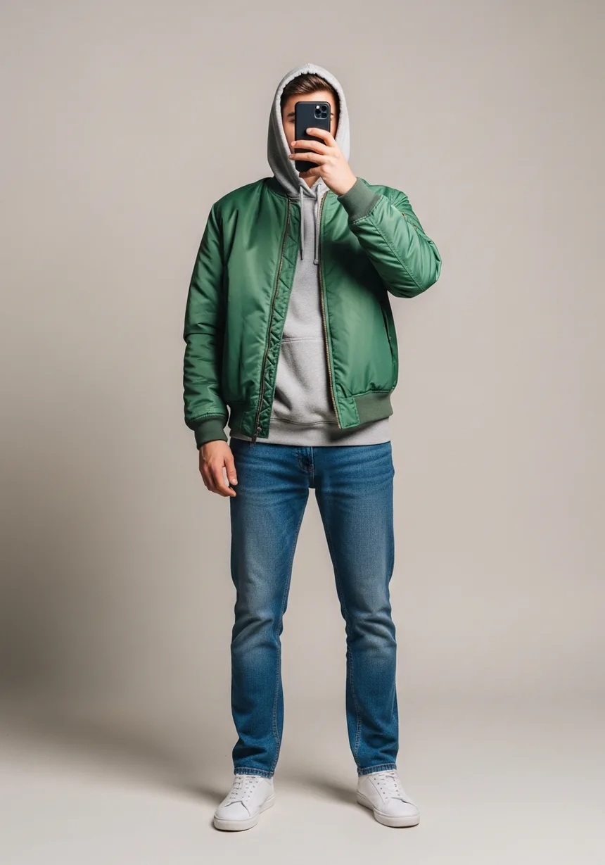 A windy-day outfit: a windproof windbreaker layered over a hoodie.