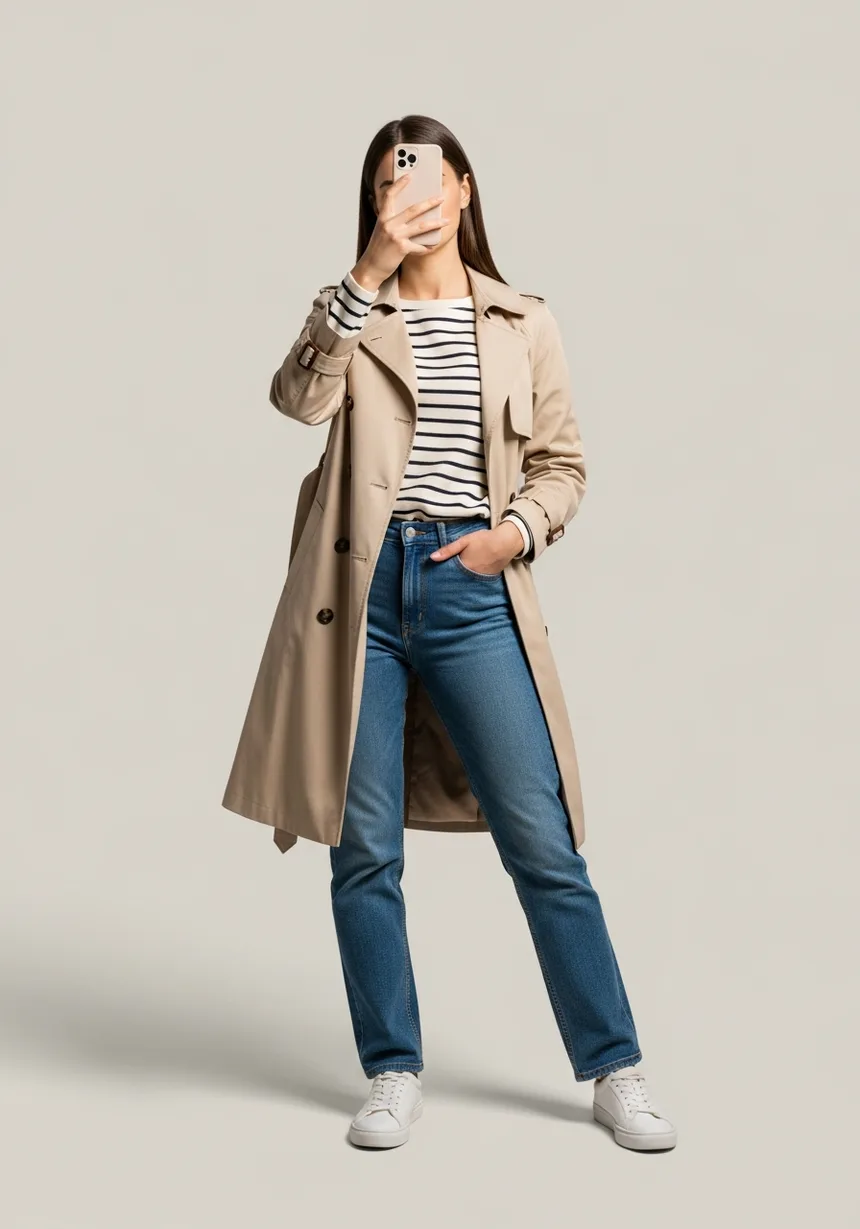 A transitional layered outfit: a trench coat over a knit and shirt with wide trousers.